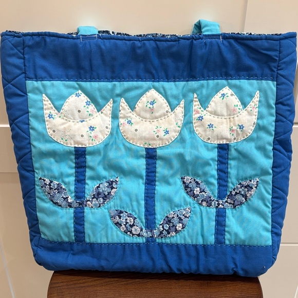 Handbags - Blue Quilted Floral Appliqué Tote Bag